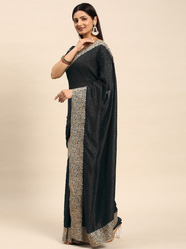 Black Chinon Party Wear Saree with Heavy Embroidery & Swarovski Stone Work - Image 4