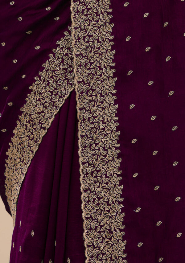 Wine Chinon Saree with Rose Gold Zari Embroidery – Elegant Party & Festive Wear - Image 8