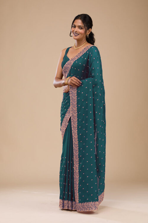 Teal Green Chinon Saree with Rose Gold Zari Embroidery – Elegant Party & Festive Wear