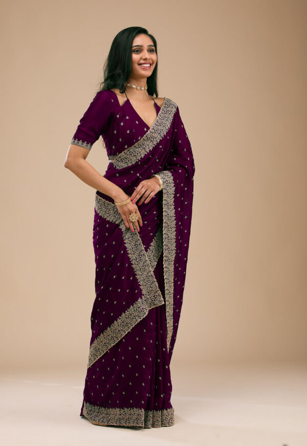 Wine Chinon Saree with Rose Gold Zari Embroidery – Elegant Party & Festive Wear - Image 4