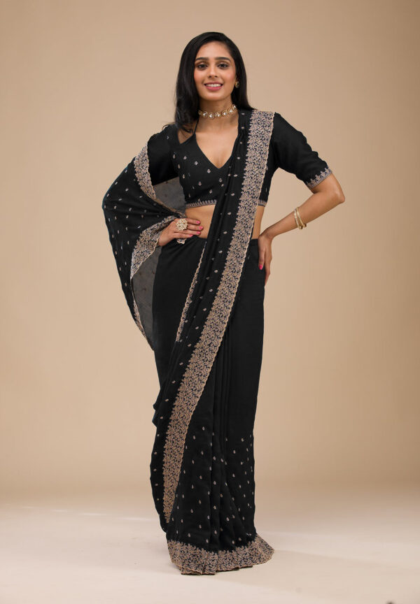 Black Chinon Saree with Rose Gold Zari Embroidery – Elegant Party & Festive Wear - Image 6