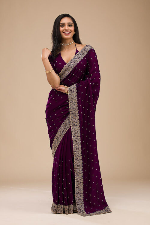 Wine Chinon Saree with Rose Gold Zari Embroidery – Elegant Party & Festive Wear