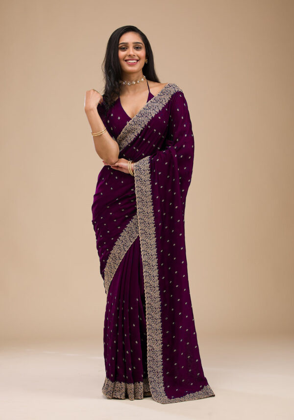Wine Chinon Saree with Rose Gold Zari Embroidery – Elegant Party & Festive Wear