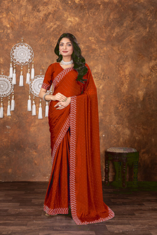 Red Chinon Saree with All‑Over Swarovski Crystal Detailing