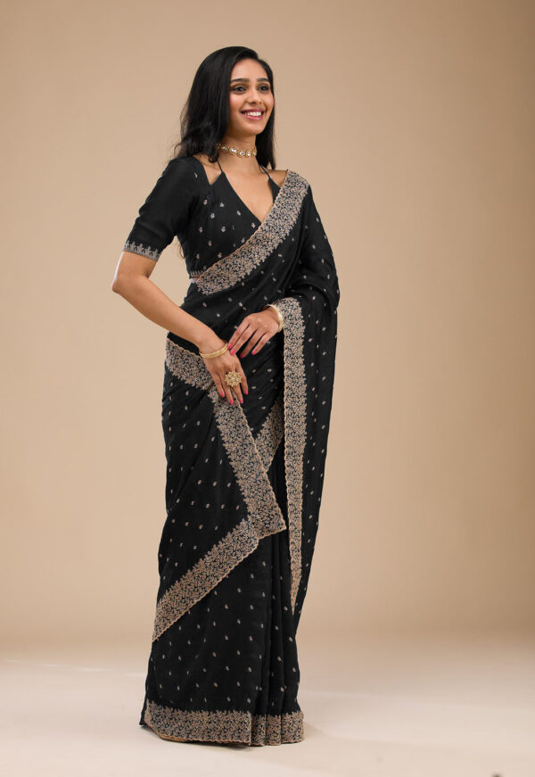 Black Chinon Saree with Rose Gold Zari Embroidery – Elegant Party & Festive Wear - Image 4