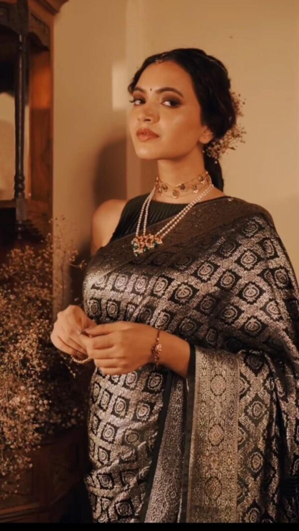 Luxe Black Banarasi Jacquard Lichi Silk Saree with All-Over Zari Weave - Image 5
