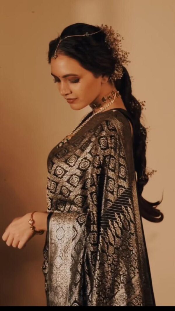 Luxe Black Banarasi Jacquard Lichi Silk Saree with All-Over Zari Weave - Image 6