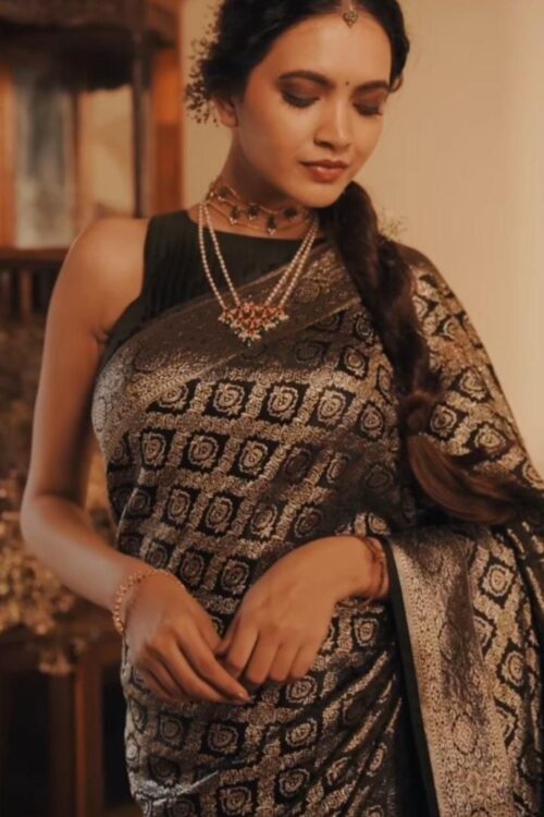 Luxe Black Banarasi Jacquard Lichi Silk Saree with All-Over Zari Weave