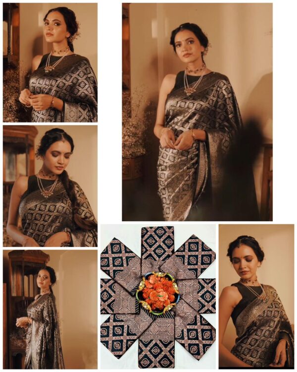 Luxe Black Banarasi Jacquard Lichi Silk Saree with All-Over Zari Weave - Image 9