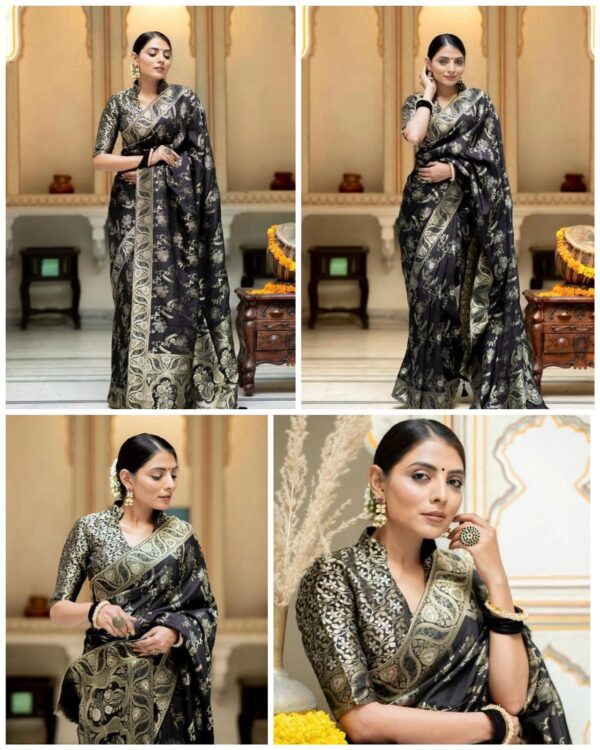 Black Banarasi Jacquard Lichi Silk Saree with Soft Gold Zari - Image 6