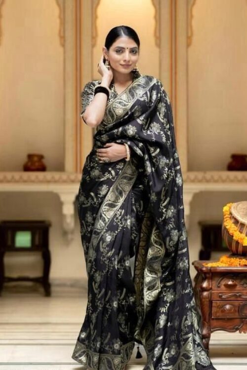 Black Banarasi Jacquard Lichi Silk Saree with Soft Gold Zari