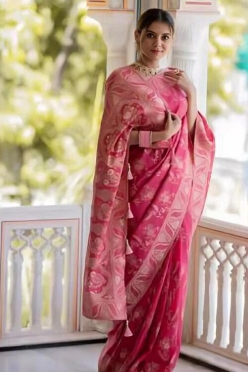 Pink  Banarasi Jacquard Lichi Silk Saree with Soft Gold Zari