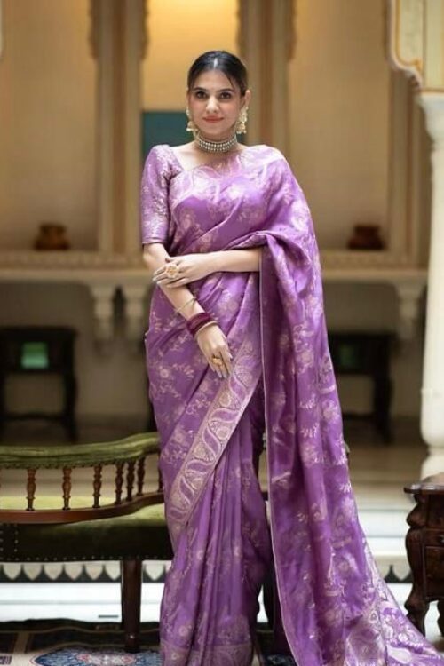 Lavender Banarasi Jacquard Lichi Silk Saree with Soft Gold Zari