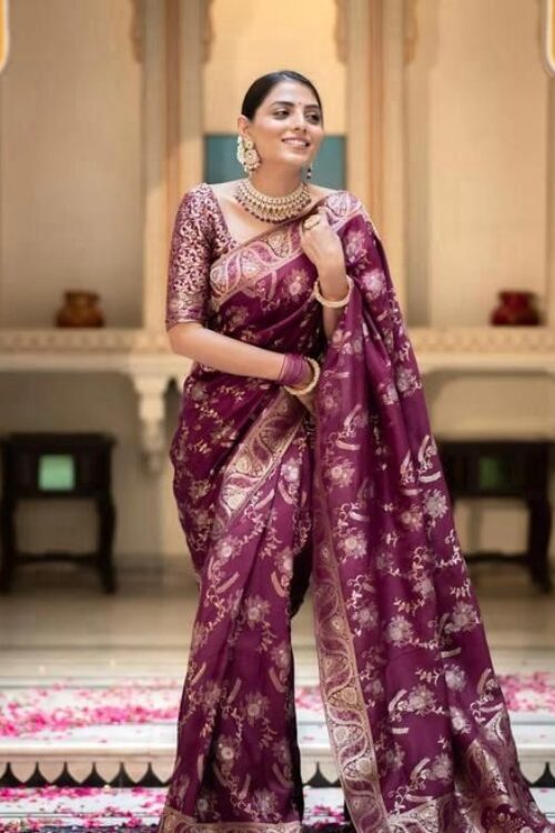 Wine Banarasi Jacquard Lichi Silk Saree with Soft Gold Zari