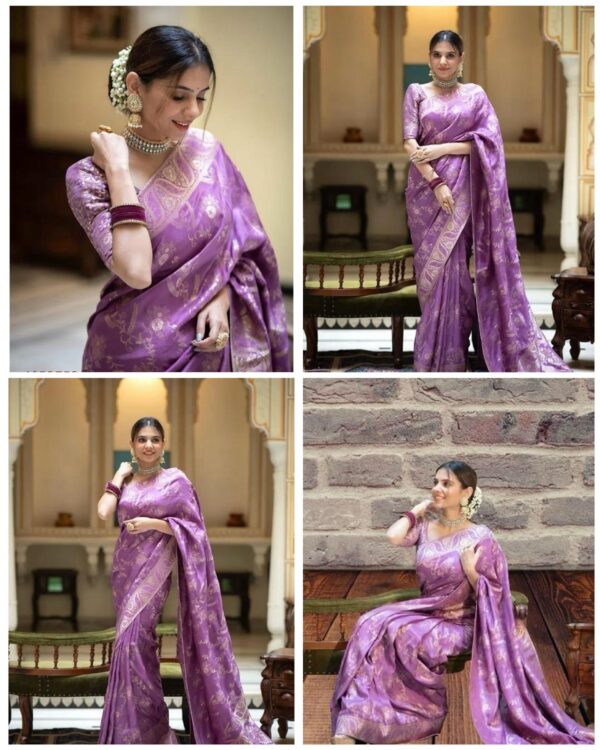 Lavender Banarasi Jacquard Lichi Silk Saree with Soft Gold Zari - Image 7