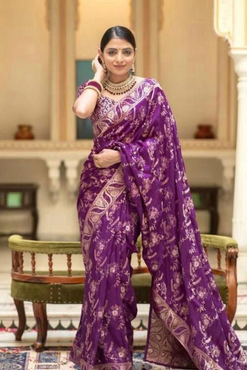 Royal Purple Banarasi Jacquard Lichi Silk Saree with Soft Gold Zari