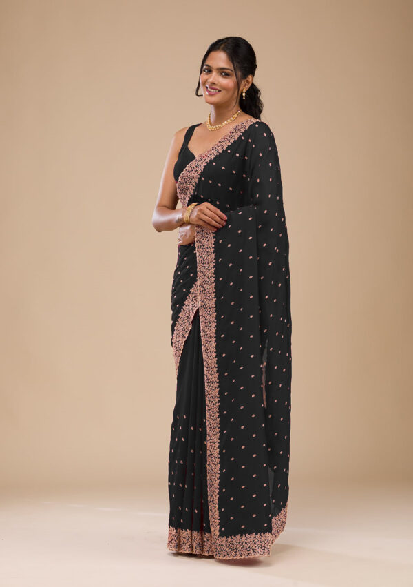Graceful Black Chinon Saree with Rose Gold Zari Embroidery – Elegant Party & Festive Wear - Image 4