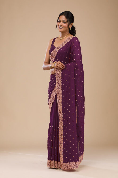 Wine Chinon Saree with Rose Gold Zari Embroidery – Elegant Party & Festive Wear