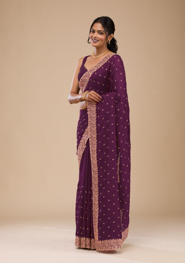 Wine Chinon Saree with Rose Gold Zari Embroidery – Elegant Party & Festive Wear