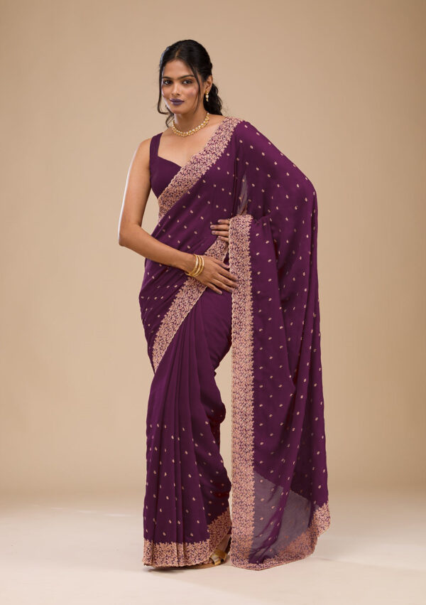 Wine Chinon Saree with Rose Gold Zari Embroidery – Elegant Party & Festive Wear - Image 5
