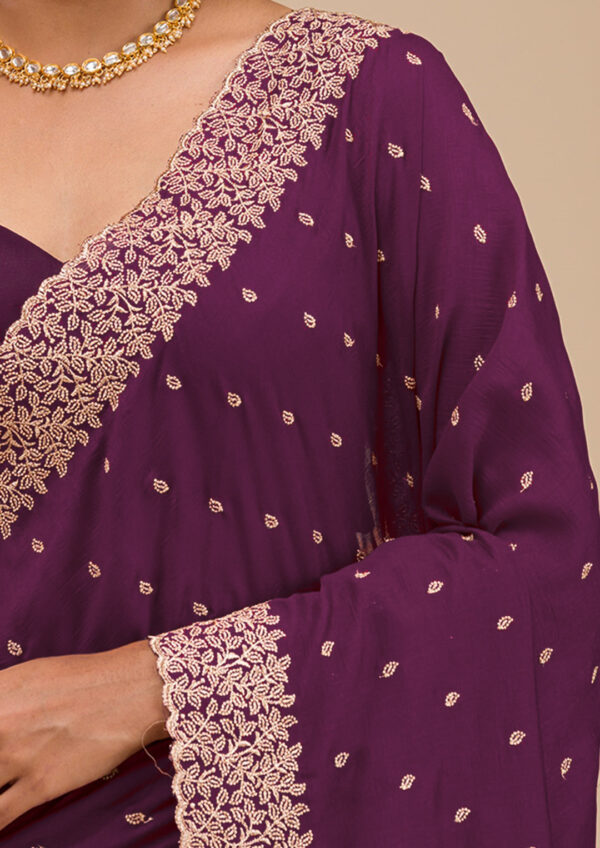 Wine Chinon Saree with Rose Gold Zari Embroidery – Elegant Party & Festive Wear - Image 7