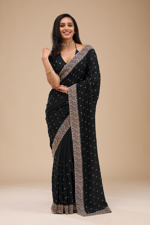 Black Chinon Saree with Rose Gold Zari Embroidery – Elegant Party & Festive Wear