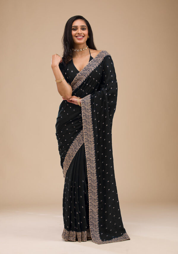 Black Chinon Saree with Rose Gold Zari Embroidery – Elegant Party & Festive Wear