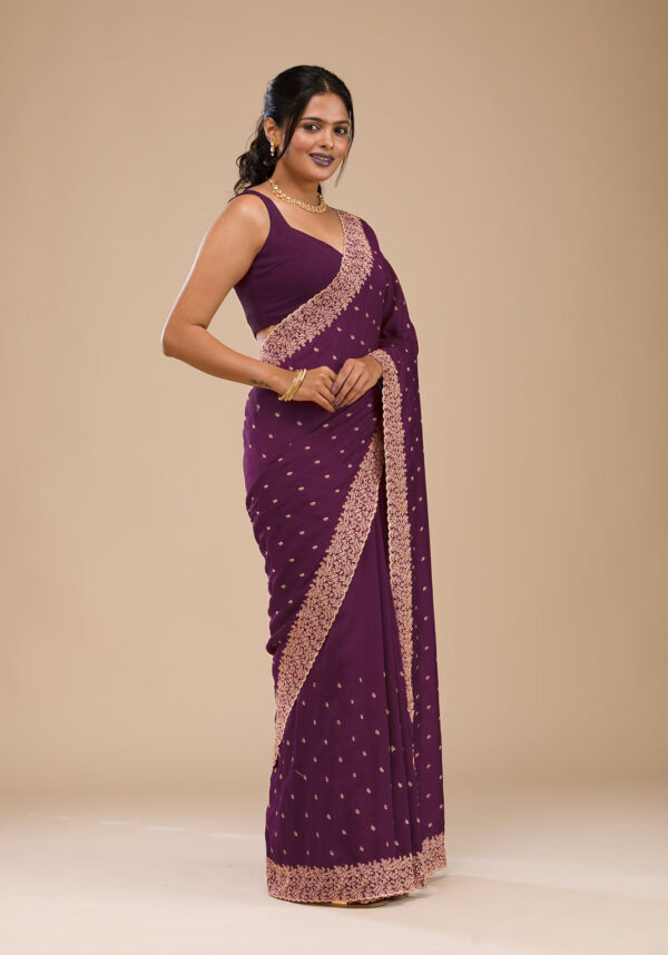 Wine Chinon Saree with Rose Gold Zari Embroidery – Elegant Party & Festive Wear - Image 4