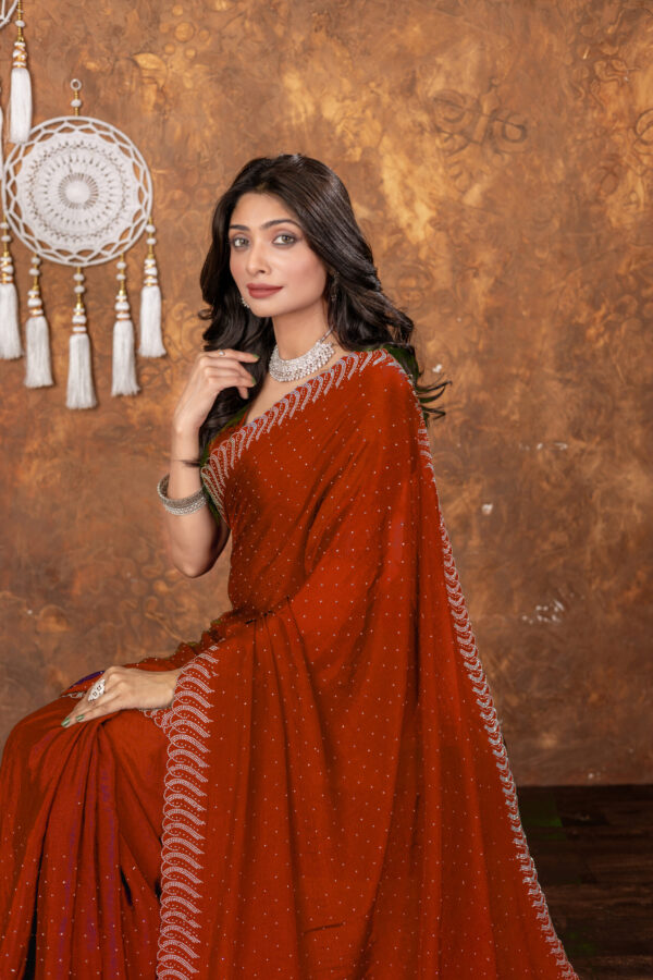 Red Chinon Saree with All‑Over Swarovski Crystal Detailing - Image 5