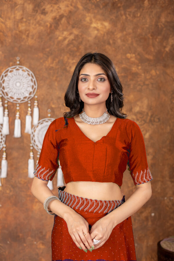 Red Chinon Saree with All‑Over Swarovski Crystal Detailing - Image 6