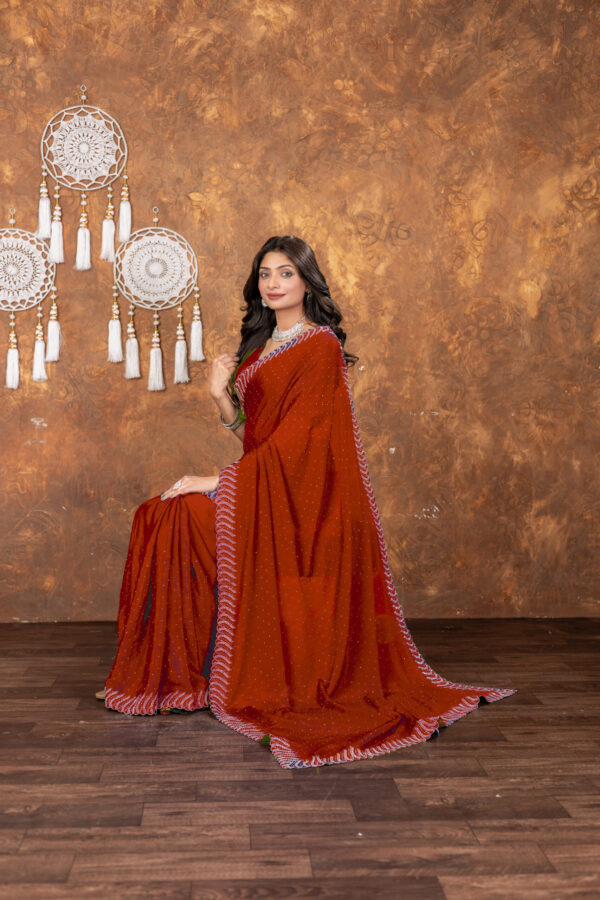 Red Chinon Saree with All‑Over Swarovski Crystal Detailing - Image 3