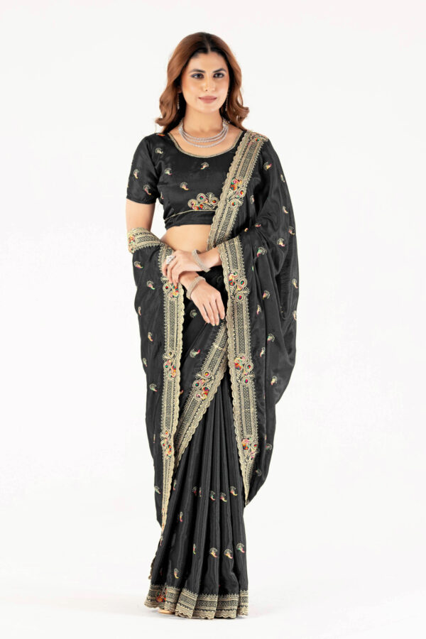 Elegant Black Embroidered Saree with Designer Border & Matching Blouse – Party & Festive Wear - Image 5