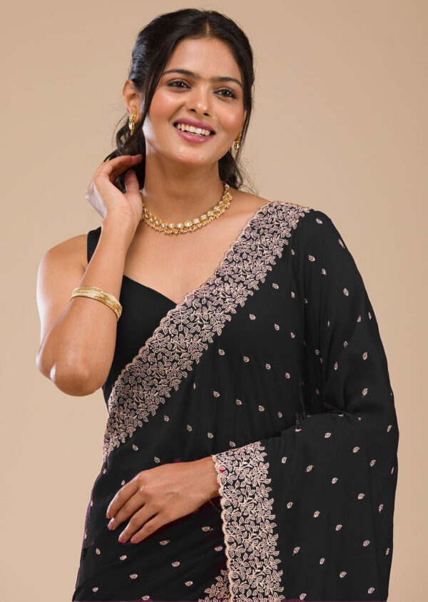 Graceful Black Chinon Saree with Rose Gold Zari Embroidery – Elegant Party & Festive Wear - Image 6