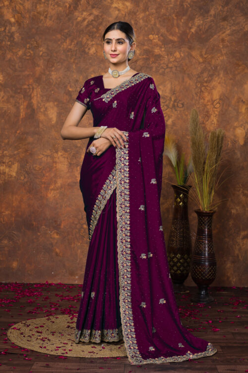Elegant Deep Wine Chinon Embroidered with Swarovski Designer Border Party Wear Saree