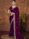 Elegant Deep Wine Chinon Embroidered with Swarovski Designer Border Party Wear Saree