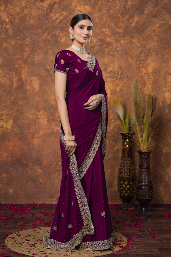 Elegant Deep Wine Chinon Embroidered with Swarovski Designer Border Party Wear Saree - Image 3