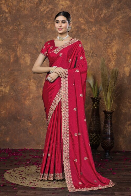Ruby Red Chinon Embroidered with Swarovski Designer Border Party Wear Saree