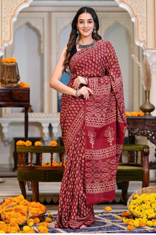 Ready-to-Wear Maroon Handblock Linen Saree