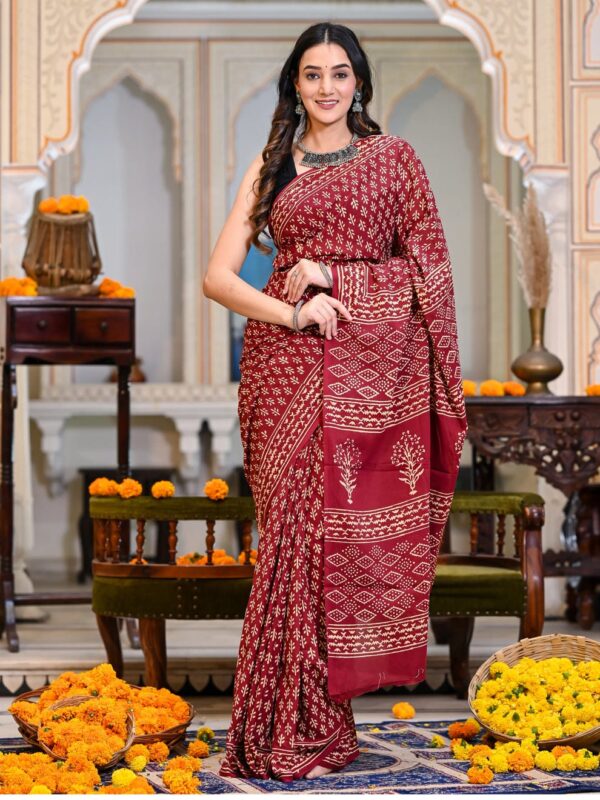 Ready-to-Wear Maroon Handblock Linen Saree