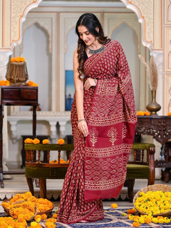Ready-to-Wear Maroon Handblock Linen Saree - Image 5