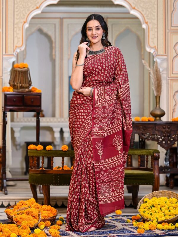 Ready-to-Wear Maroon Handblock Linen Saree - Image 3