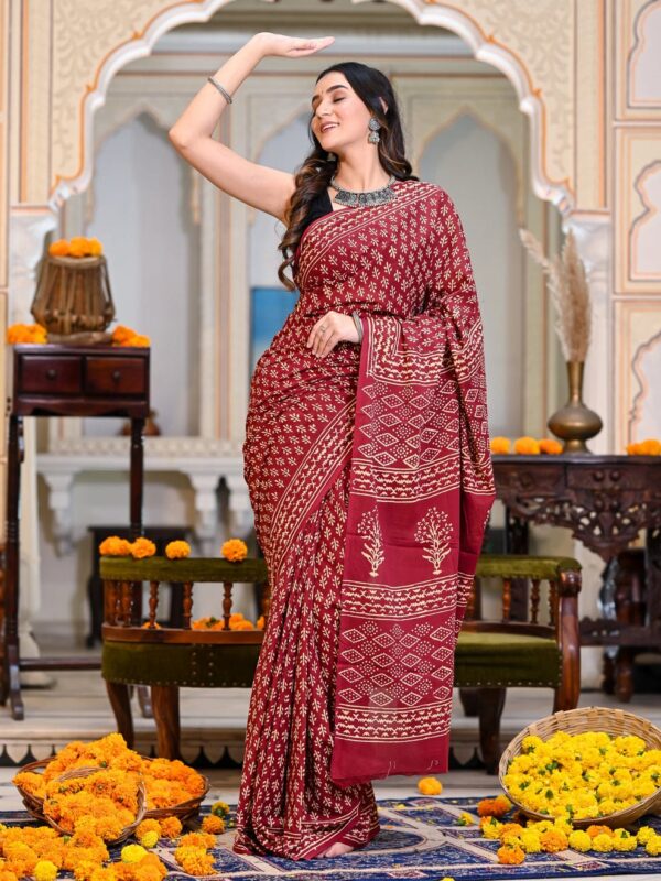 Ready-to-Wear Maroon Handblock Linen Saree - Image 6