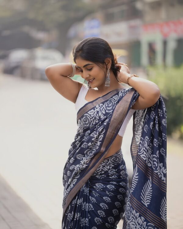 Dark Blue Handblock Print Ready-to-Wear Soft Linen Silk Saree Withe Unstitched Blouse - Image 6