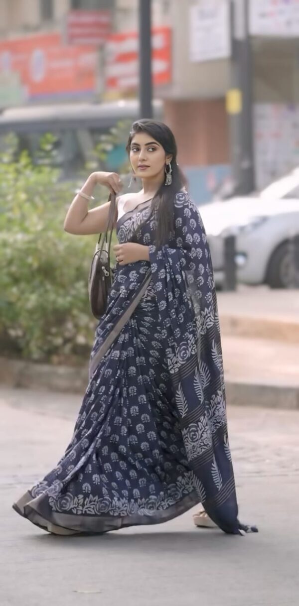Dark Blue Handblock Print Ready-to-Wear Soft Linen Silk Saree Withe Unstitched Blouse - Image 2