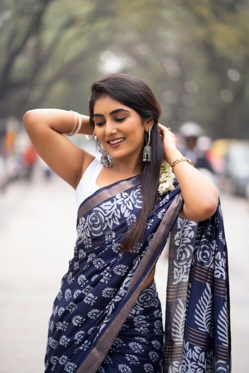 Dark Blue Handblock Print Ready-to-Wear Soft Linen Silk Saree Withe Unstitched Blouse
