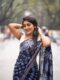 Dark Blue Handblock Print Ready-to-Wear Soft Linen Silk Saree Withe Unstitched Blouse