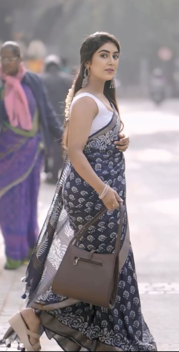 Dark Blue Handblock Print Ready-to-Wear Soft Linen Silk Saree Withe Unstitched Blouse - Image 3