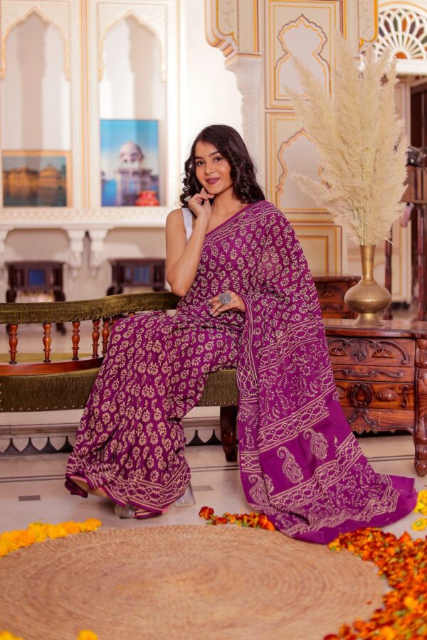 Elegant Handblock Printed Ready-to-Wear Linen Saree With Unstitched Blouse - Image 7