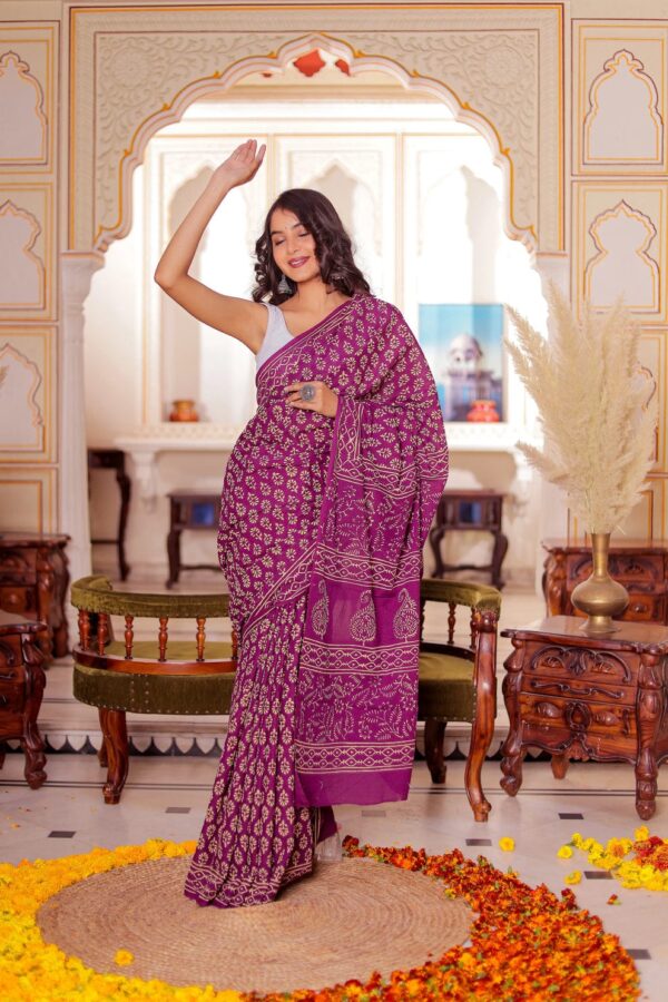 Elegant Handblock Printed Ready-to-Wear Linen Saree With Unstitched Blouse - Image 5