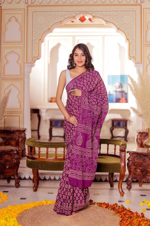Elegant Handblock Printed Ready-to-Wear Linen Saree With Unstitched Blouse